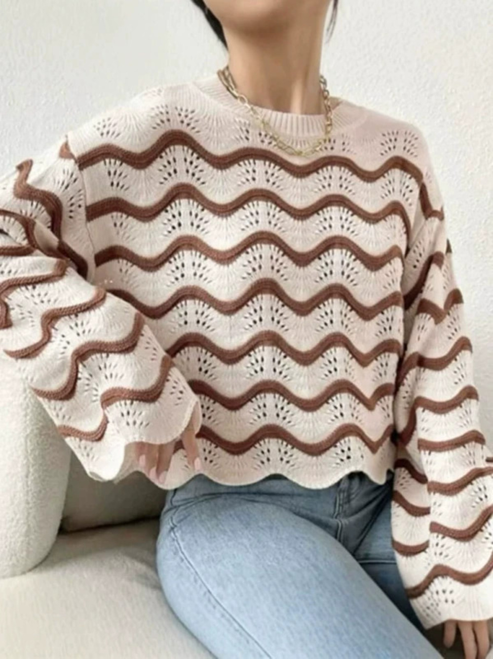 Womens Fall Loose Knit Flare Sleeve Crew Neck Pullover Sweater